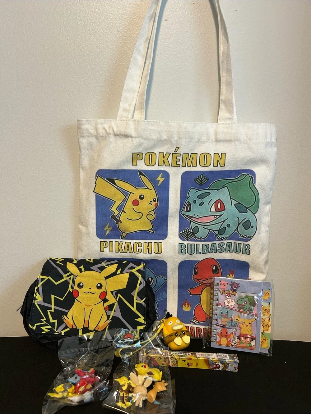 Kids White Canvas Tote Bag with Pikachu & Bulbasaur Print